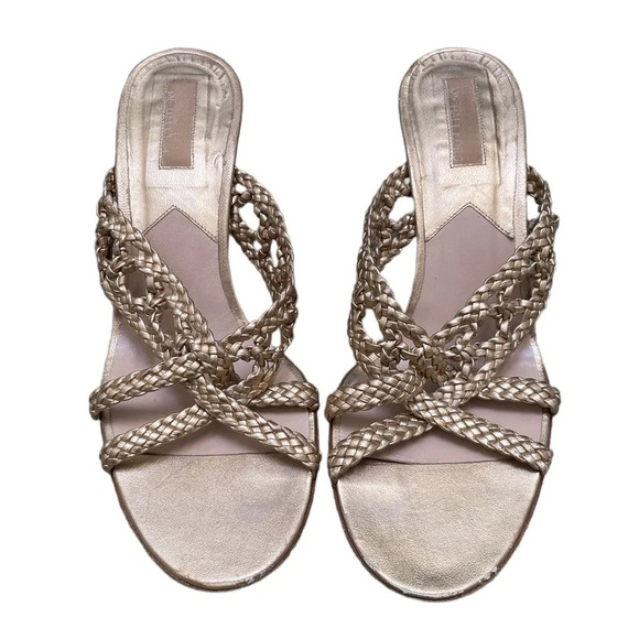 MICHAEL KORS GOLD WOVEN HEELED SANDALS - Picture 1 of 4
